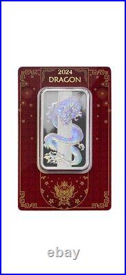 50g Silver Bar Dragon Hologram Lunar Series PAMP 2024 In Pretty Assay