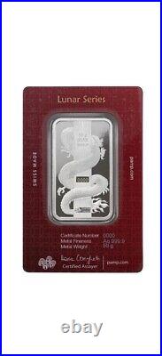 50g Silver Bar Dragon Hologram Lunar Series PAMP 2024 In Pretty Assay