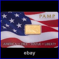 5g America the Free Statue of Liberty. 9999 Fine Gold Minted Bar PAMP Suisse