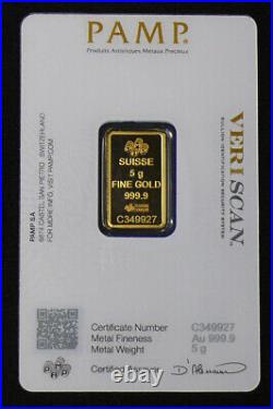 5gram Carded Pamp Suisse Fortuna Gold Bar 999.9% Pure Serial# C349927