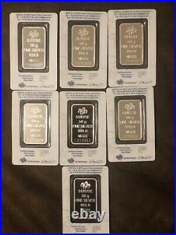 (7) 50 gram Pamp Suisse Lady Fortuna. 999 Fine Silver Bars Consecutive Serial #s