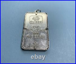 999 Silver One Troy Ounce PAMP Suisse Bar Pendant With Lady Fortuna On Reverse