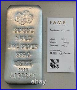 Avc- 1 Kilo Pamp Suisse Silver Bar. 999 Fine With Assay Card Live