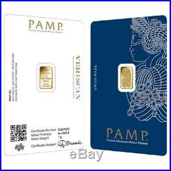 Box of 25 1 gram Gold Bar PAMP Suisse Lady Fortuna Veriscan. 9999 Fine Assay