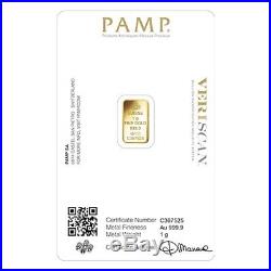 Box of 25 1 gram Gold Bar PAMP Suisse Lady Fortuna Veriscan. 9999 Fine Assay
