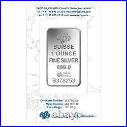 Box of 25 1 oz PAMP Suisse Lady Fortuna Silver Bar. 999 Fine (In Assay)