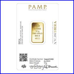 Box of 25 10 gram Gold Bar PAMP Suisse Lady Fortuna Veriscan. 9999 Fine In