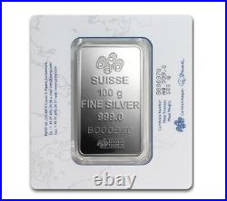 (Box of 25) 100 Gram Pamp Suisse Lady Fortuna Silver Bar In Assay