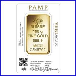 Box of 25 100 gram Gold Bar PAMP Suisse Lady Fortuna Veriscan (In Assay)