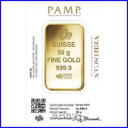 Box of 25 50 gram Gold Bar PAMP Suisse Lady Fortuna Veriscan. 9999 Fine In