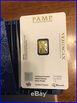 Box of 25 PAMP Suisse 1 Gram. 9999 Gold Bars Fortuna Sealed in Assay Card