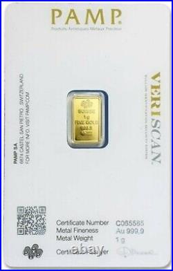 Box of 25 PAMP Suisse Fortuna 1 gram. 9999 Gold Bar Sealed Assay Card