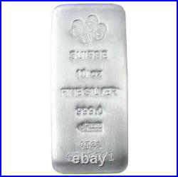 Box of 50 10 oz PAMP Suisse 999 Fine Silver Cast Bar Assay Card In Stock