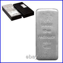 Box of 50 10 oz PAMP Suisse Silver Cast Bar. 999 Fine (withAssay)