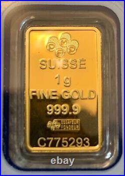 Gold Bar 1 gr PAMP Suisse Fortuna sealed in essay card with Serial Number