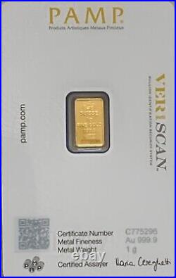 Gold Bar 1 gr PAMP Suisse Fortuna sealed in essay card with Serial Number