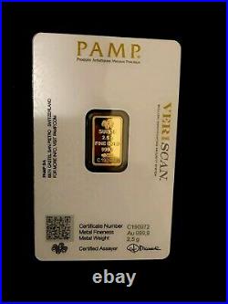 Gold Oro 2.5 gram pamp suisse Fine 1-gold bar 999.9 /Veriscan/Assayed Cert