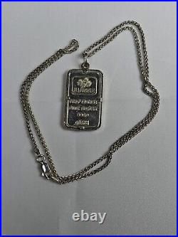 Half Ounce Pamp Suisse Silver Bar. Sterling Bezel with 20 inch sterling necklace