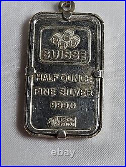 Half Ounce Pamp Suisse Silver Bar. Sterling Bezel with 20 inch sterling necklace