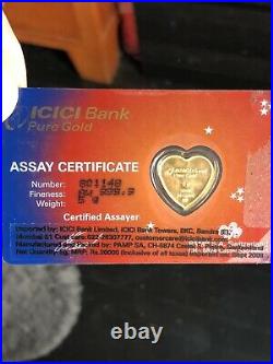 ICICI BANK GOLD PAMP SWISS 5 GRAMS. 9999 FINE Heart IN SEALED COA CARD