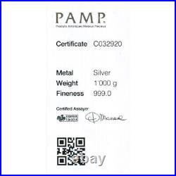 Kilo 32.15 Oz. Silver Bar, PAMP Suisse. 999 Fine With Assay Certificate