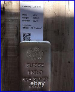 Kilo 32.15 oz Silver Bar PAMP Suisse. 999 Fine with Assay Certificate