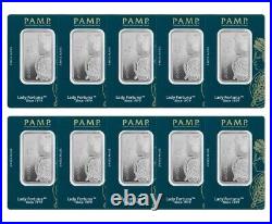 LOT OF 10 PAMP Suisse Lady Fortuna 45th Anniversary 1 oz Silver Bar (In Assay)