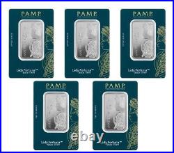 LOT OF 5 PAMP Suisse Lady Fortuna 45th Anniversary 1 oz Silver Bar (In Assay)