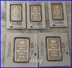 LOT Of 2x 100 Grams & 3x 1 oz Pamp Suisse Lady. 999 Fine Silver Bars 293 Grams