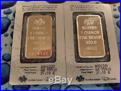 Lot Of 2 Pamp Suisse Lady Fortuna and Rose. 999 Fine 1oz Silver Bar In Assay