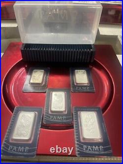 Lot Of 5 50 grams PAMP Suisse Fine Silver Bars With 25 Pc PAMP holder Included