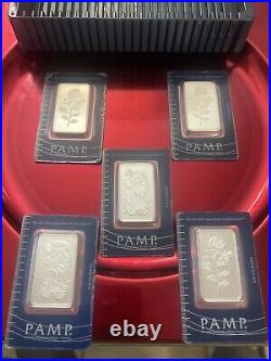 Lot Of 5 50 grams PAMP Suisse Fine Silver Bars With 25 Pc PAMP holder Included