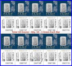 Lot of 10 1 g Platinum Bar PAMP Suisse Fortuna In Multigram Assay. 9995 Fine