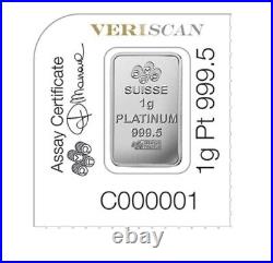 Lot of 10 1 g Platinum Bar PAMP Suisse Fortuna In Multigram Assay. 9995 Fine