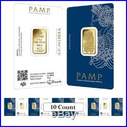 Lot of 10 10 gram Gold Bar PAMP Suisse Lady Fortuna Veriscan (In Assay)