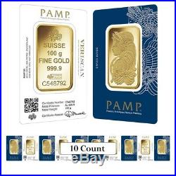 Lot of 10 100 gram Gold Bar PAMP Suisse Lady Fortuna Veriscan. 9999 Fine In