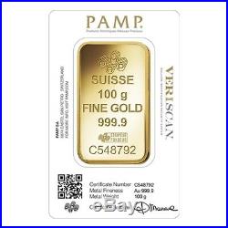 Lot of 10 100 gram Gold Bar PAMP Suisse Lady Fortuna Veriscan. 9999 Fine In