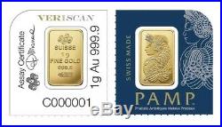 Lot of 2 1 gram Gold Bar PAMP Suisse Lady Fortuna. 9999 Fine In Assay New
