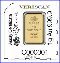 Lot of 2 1 gram Gold Bar PAMP Suisse Lady Fortuna. 9999 Fine In Assay New
