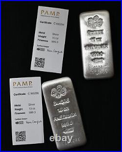 Lot of 2 10 oz PAMP Suisse Silver Cast Bar. 999 Fine (withAssay)