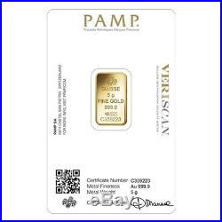 Lot of 2 5 gram Gold Bar PAMP Suisse Lady Fortuna Veriscan. 9999 Fine In