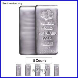 Lot of 5 1 Kilo PAMP Suisse Silver Cast Bar. 999 Fine (withAssay)