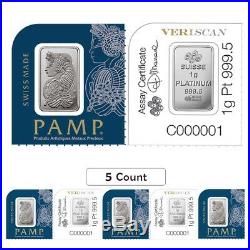 Lot of 5 1 g Platinum Bar PAMP Suisse Lady Fortuna In Assay from Multigram+25