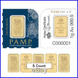 Lot of 5 1 gram Gold Bar PAMP Suisse Lady Fortuna. 9999 Fine In Assay from