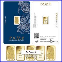 Lot of 5 1 gram Gold Bar PAMP Suisse Lady Fortuna Veriscan. 9999 Fine In Assay