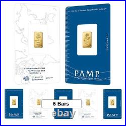Lot of 5 1 gram PAMP Suisse Rosa Gold Bar. 9999 Fine (In Assay)