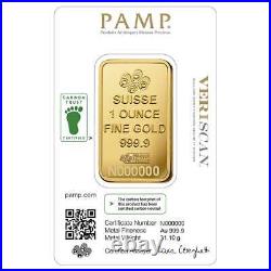 Lot of 5 1 oz Gold Bar PAMP Suisse Lady Fortuna Veriscan Carbon Neutral In