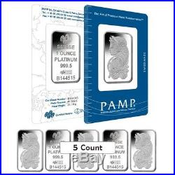 Lot of 5 1 oz PAMP Suisse Lady Fortuna Platinum Bar. 9995 Fine (In Assay)