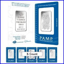 Lot of 5 1 oz PAMP Suisse Lady Fortuna Silver Bar. 999 Fine (In Assay)