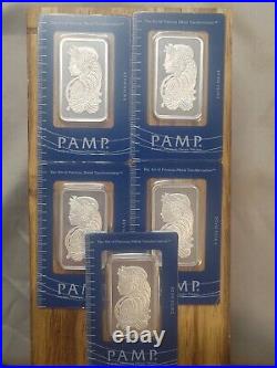 Lot of 5 1 oz PAMP Suisse Lady Fortuna Silver Bar. 999 Fine (In Assay) ALL 5